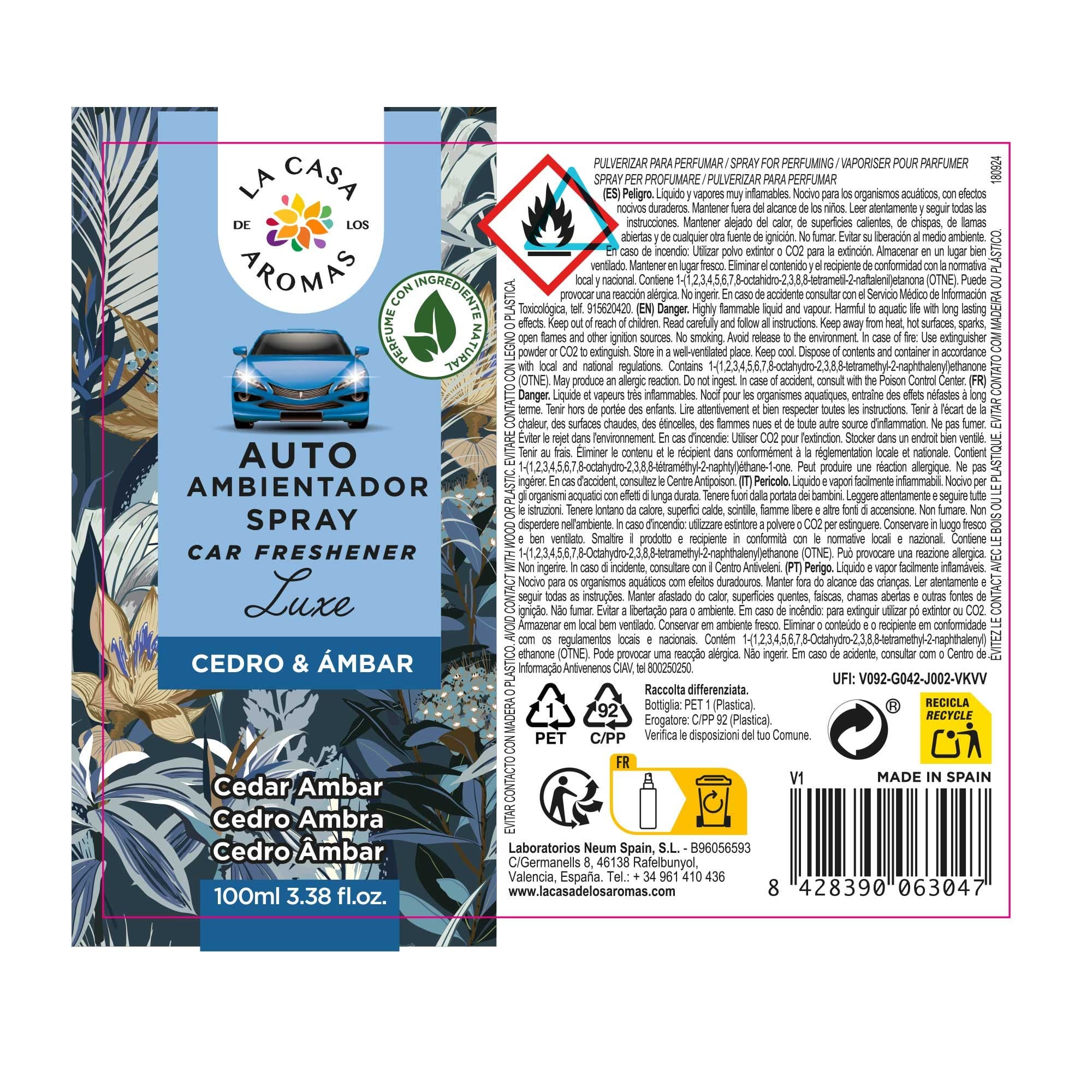 Spray ambientador auto Luxe, Cedro y Ámbar